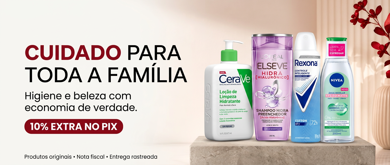 Ofertas em Pampers, CeraVe, Elseve, Rexona e Carmed com desconto no Pix